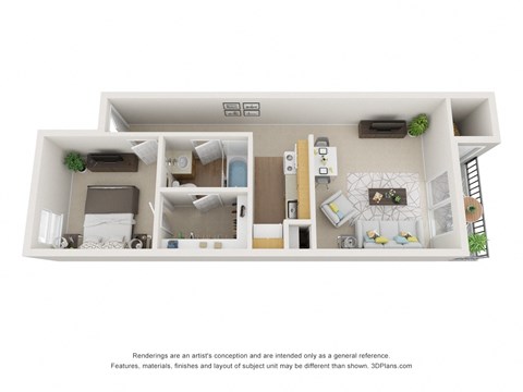 a stylized floor plan with a bedroom and a living room
